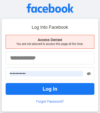 Facebook无法登陆，显示 "Access Denied You are not allowed to access this page at this time."