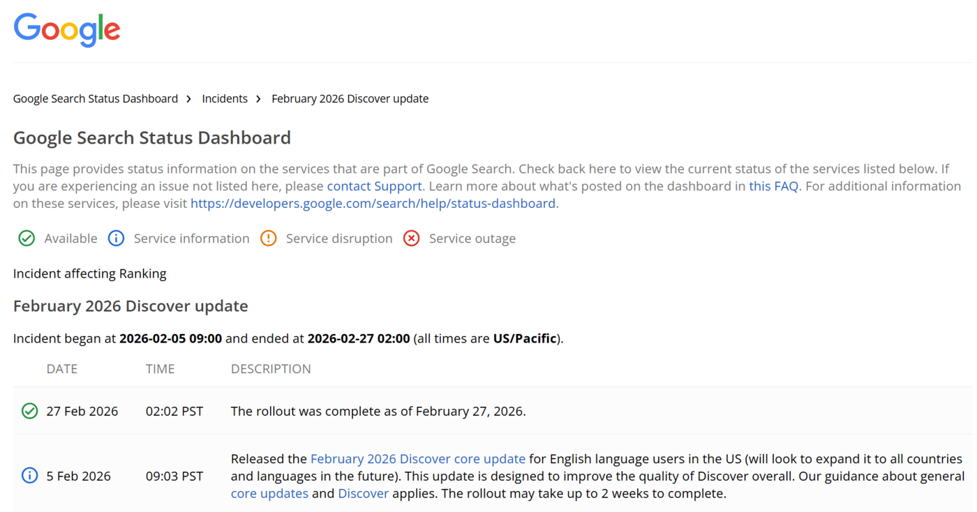 谷歌2026年2月Google 探索核心更新:全面升级“探索”板块呈现文章系统